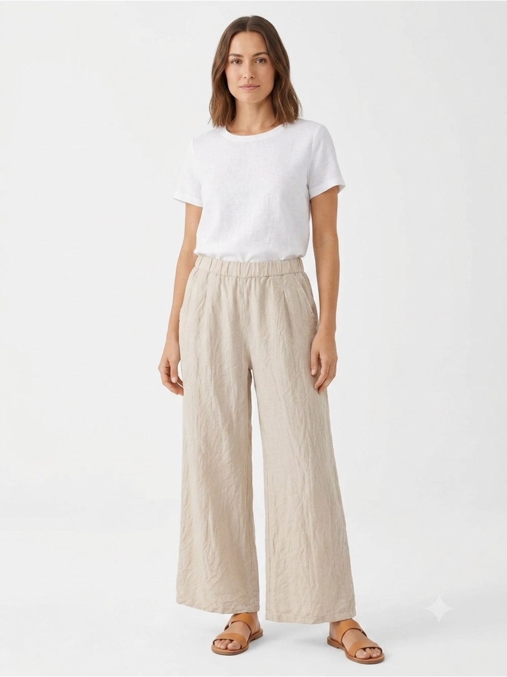 Pistache Italian 100% Linen Wide Leg Cropped Ankle Pants Trousers Woman Large